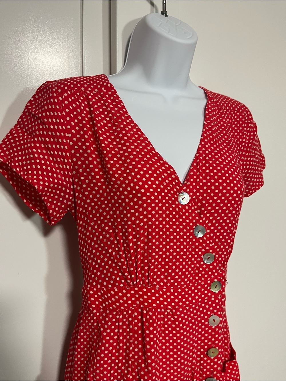 Maeve by Anthropologie Red Polka Dot Button Front Midi Dress Size 2 Ruffle Hem - Picture 4 of 10